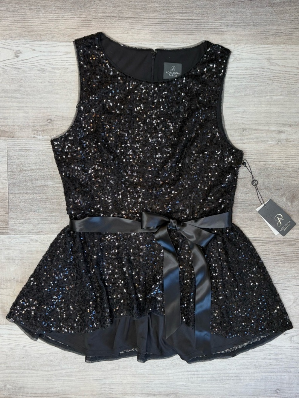 Adrianna Papell sleeveless peplum top black sequins satin bow sash Women’s 14